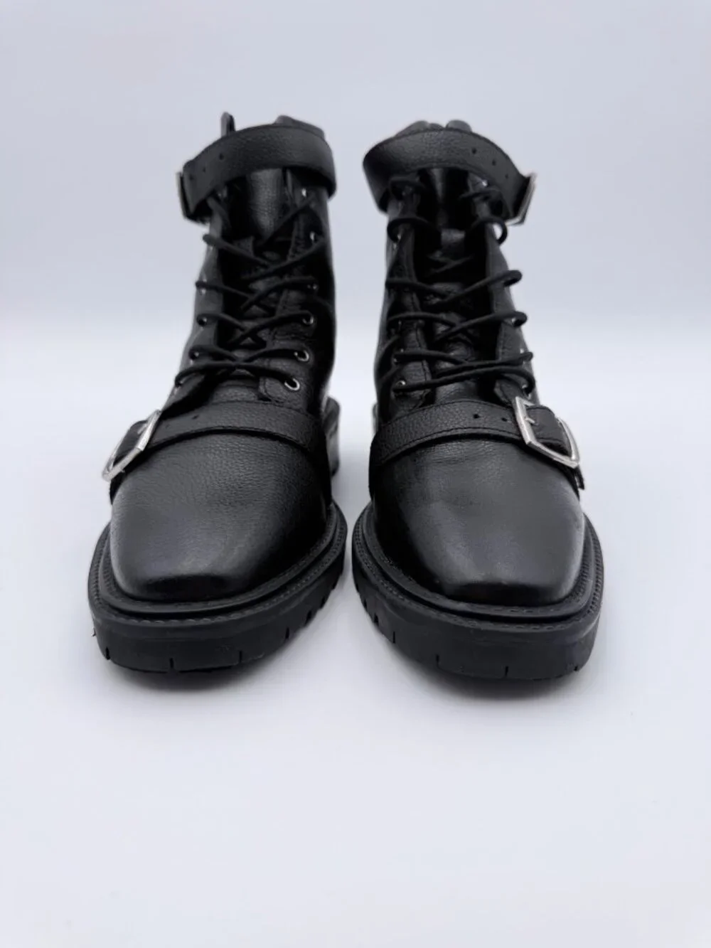 asos Womens Astrid Chunky Black Leather Lace-Up Combat Boots  Buckle Strap Sz 9